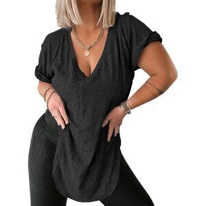 Women’s Oversized V Neck Top Short Sleeve High Low Casual T Shirt